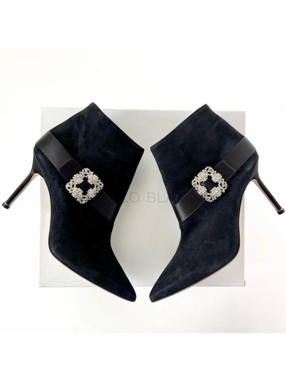 MANOLO BLAHNIK | Black Suede Pointed Ankle High Heel Booties Crystal Buckle 40.5